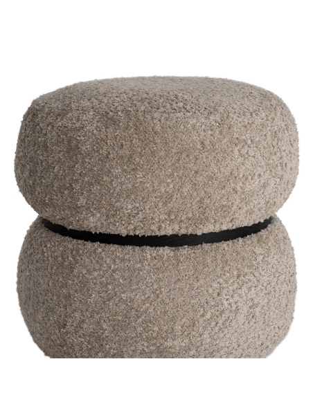 Détail : Pouf rond taupe old en tissu bouclé bicolore