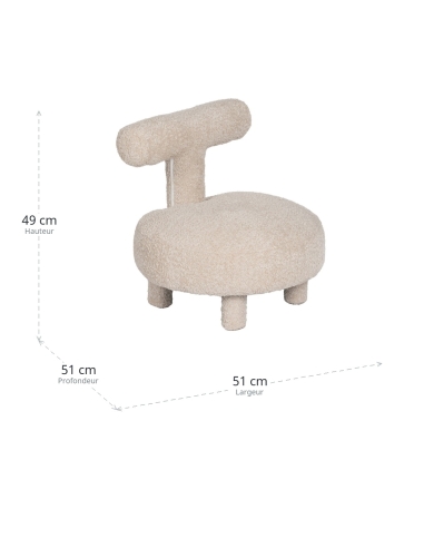 Dimensions : beige fabric lounge chair, round seat and T-shaped backrest