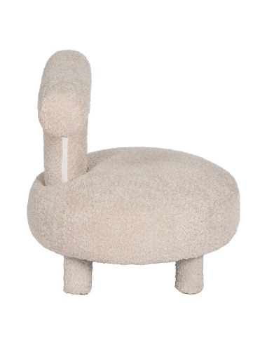 Detail : Lounge-Stuhl beige aus Stoff, runde Sitzfläche und T-Rücken