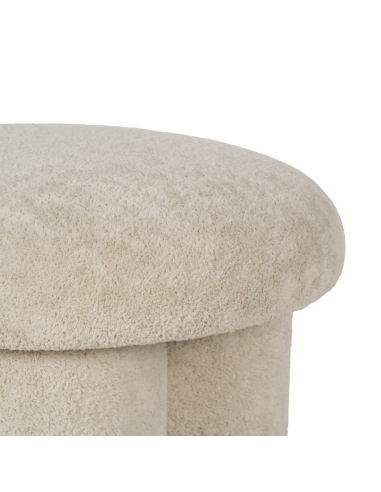 Detail : Round beige fabric ottoman with cylindrical base for lounge