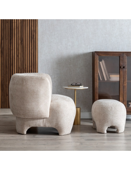 Vista ambientada : Puf redondo beige de tejido poliéster para salón