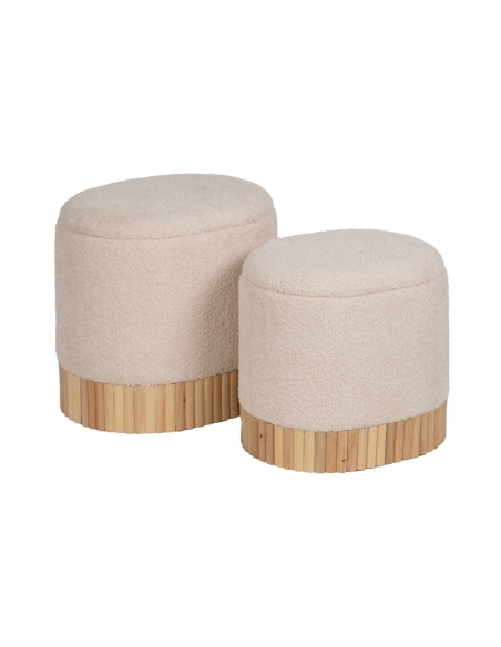 Vista isolata : Set 2 pouf contenitore rotondi crema base legno