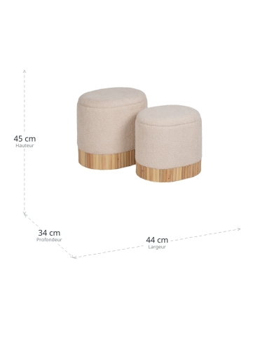 Afmetingen : Set van 2 ronde opbergpoefs crème met houten basis