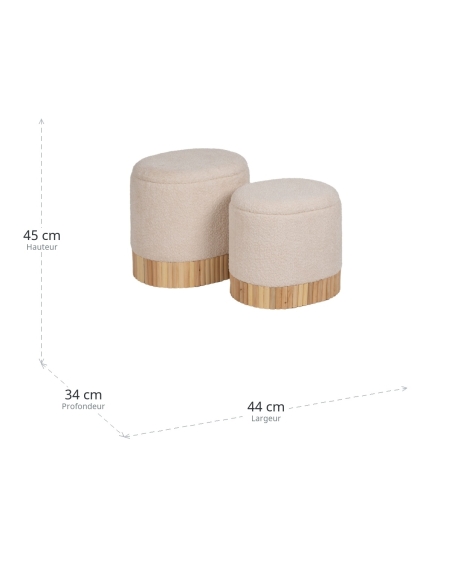 Dimensions : Lot de 2 poufs coffres ronds crème base bois