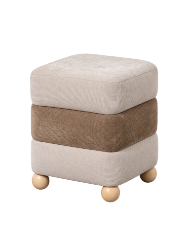 Isolated view : Cylindrical ottoman in beige brown fabric with pine legs