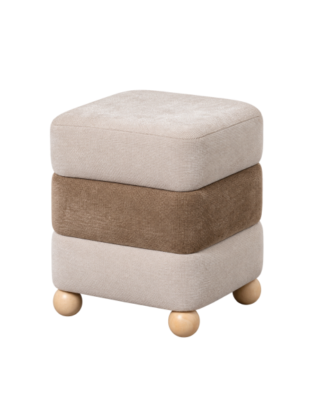 Vista aislada : Puf cilíndrico en tejido beige marrón con patas de pino