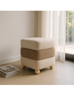 Isolated view : Cylindrical ottoman in beige brown fabric with pine legs 2