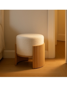 Isolated view : cylindrical ottoman white and natural wood chenille upholstery 2