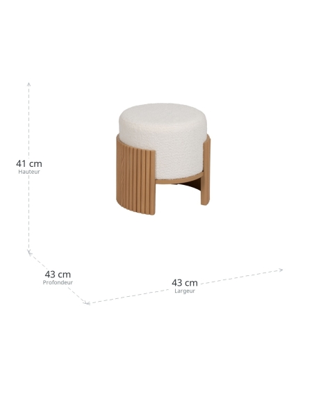 Dimensions : Pouf cylindrique blanc et bois naturel en chenille