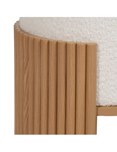 Detail : cilindrische poef wit en naturel hout met chenille