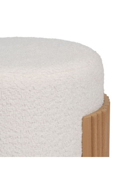 Detail : Pouf zylindrisch weiß und naturholz mit Chenillebezug