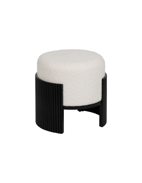 Isolated view : cylindrical ottoman in white-black chenille with pine base