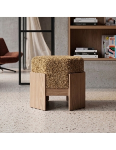 Isolated view : Octagonal ochre ottoman in fabric and light wood U-frame 2