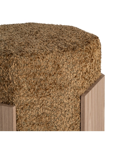 Detail : Square ochre ottoman in fabric and light wood U-frame