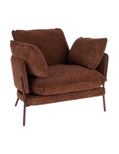 Isolated view : dark brown fabric armchair with metal frame and cushions