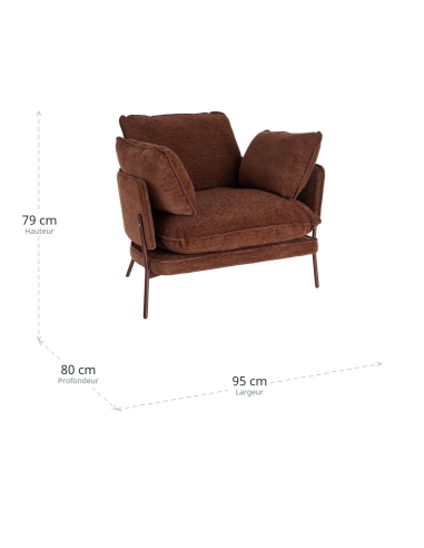 Dimensions : Fauteuil tissu marron foncé et métal avec coussins