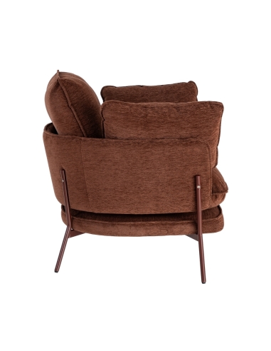 Detail : Sessel dunkelbrauner Stoff mit Metallgestell und Kissen