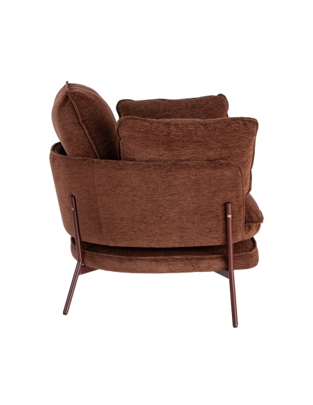 Détail : Fauteuil tissu marron foncé et métal avec coussins