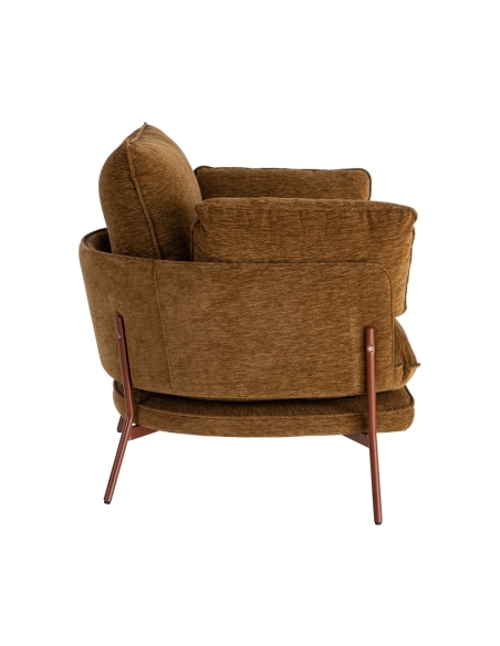 Détail : Fauteuil en tissu marron clair et métal avec coussins