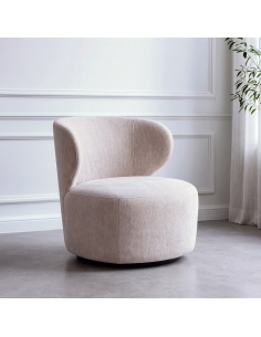 Vista isolada : Poltrona giratória bege em tecido e madeira, assento redondo 2