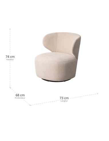 Dimensions : Fauteuil pivotant beige en tissu et bois, dossier incurvé