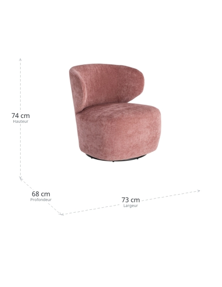 Dimensiones : Sillón giratorio rosa de tela con base de madera