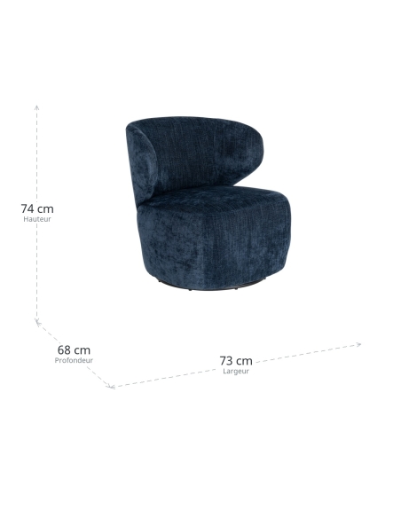 Afmetingen : Blauwe draaifauteuil in stof met gebogen rug