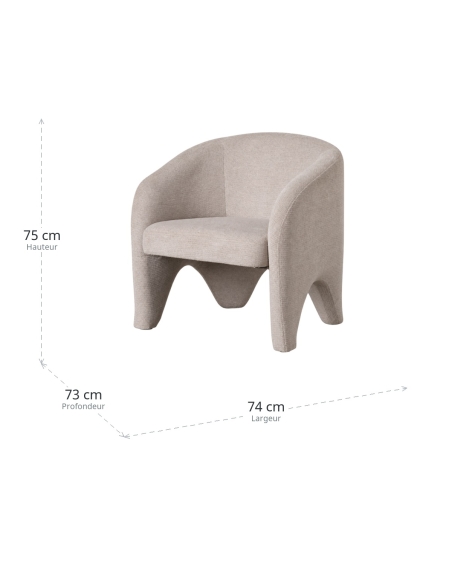 Dimensions : Fauteuil salon en tissu beige à dossier courbe