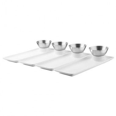 Set von vier weißen Porzellan-Sushi-Fleisch mit Umbra-Edelstahl-Tassen
