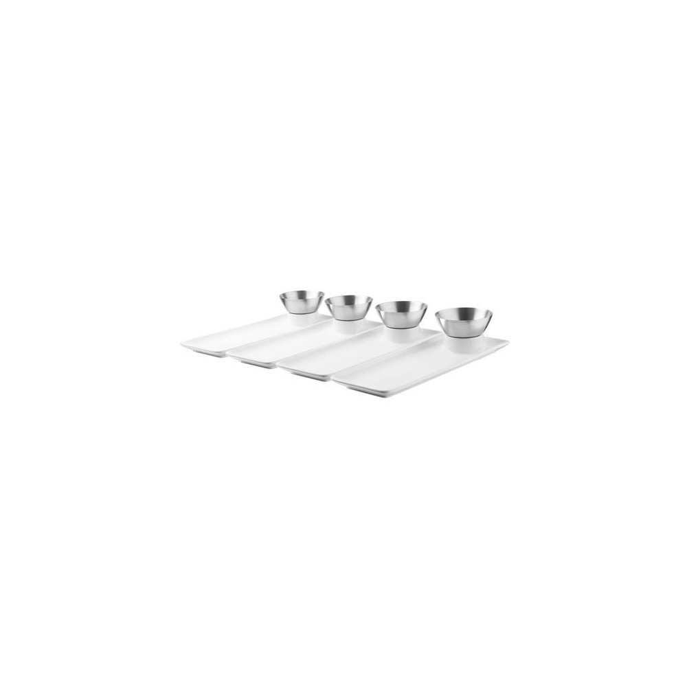 Set von vier weißen Porzellan-Sushi-Fleisch mit Umbra-Edelstahl-Tassen