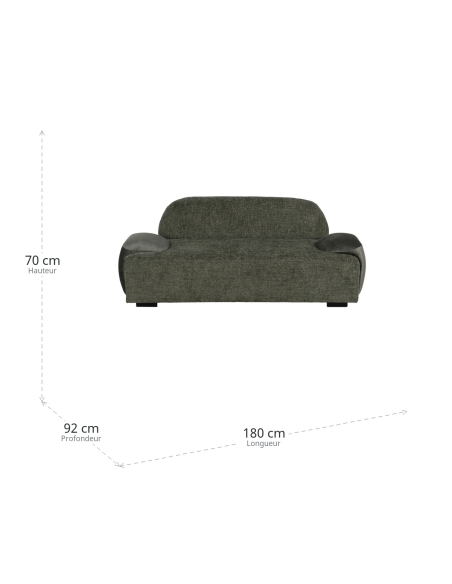 Dimensions : Canapé vert IXIA en tissu, courbes et accoudoirs bas