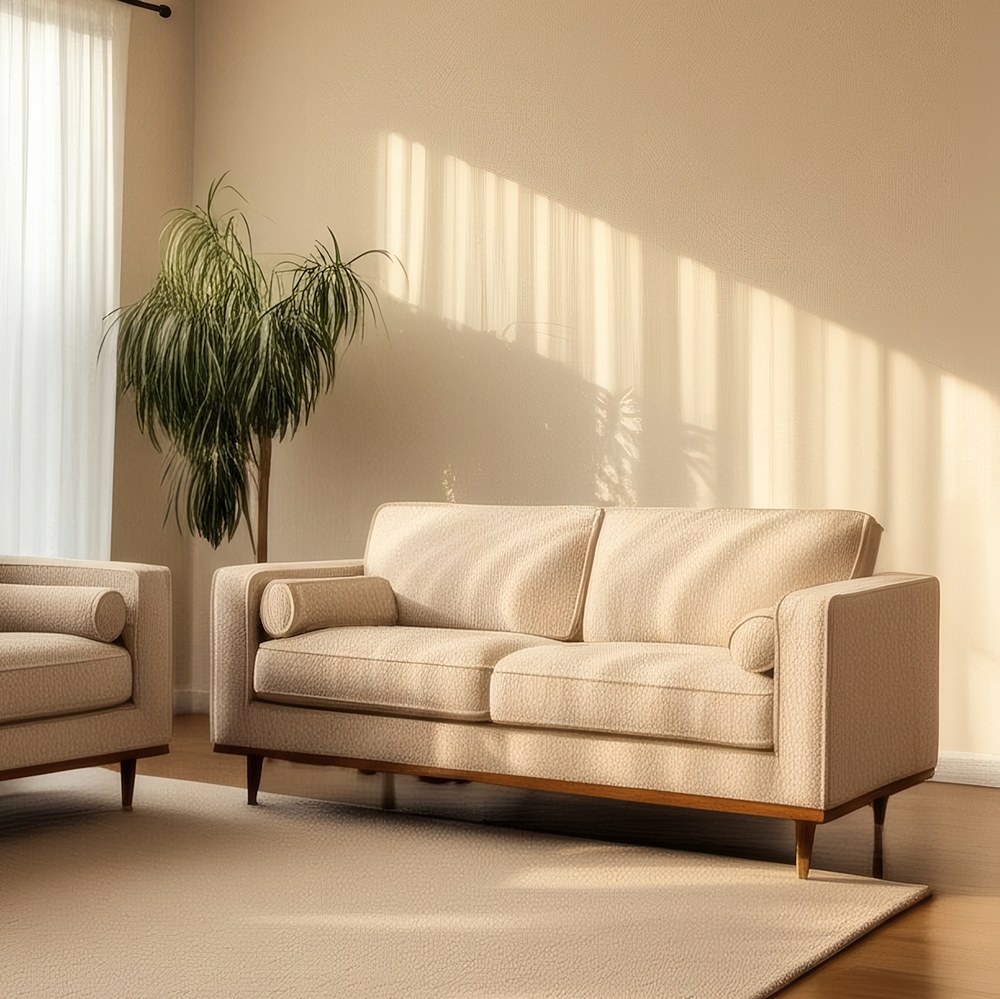 Beige IXIA tweezitsbank met taps toelopende houten poten - image 2