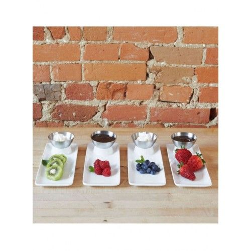 SET OF FOUR WHITE PORCELAIN SUSHI DISHES WITH UMBRA STAINLESS STEEL CUPS