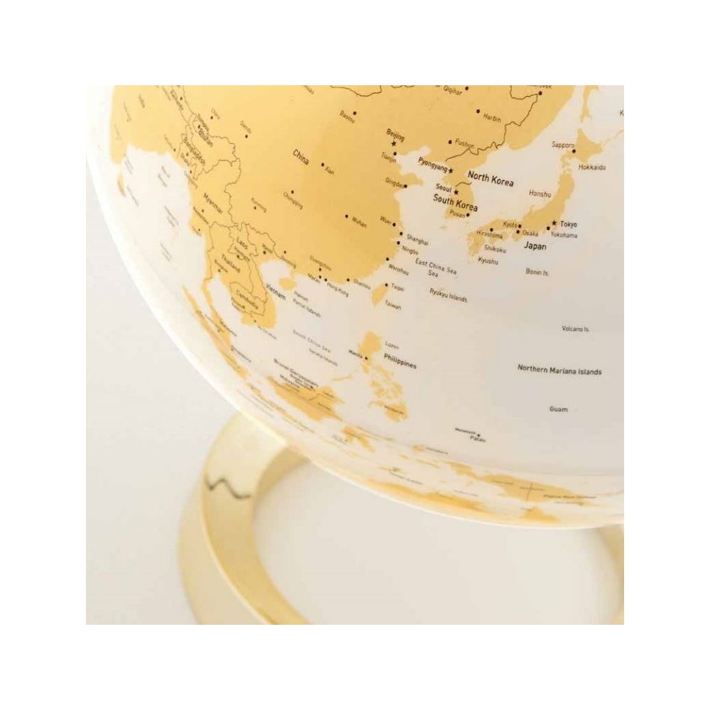 Illuminated terrestrial globe white gold design on golden base