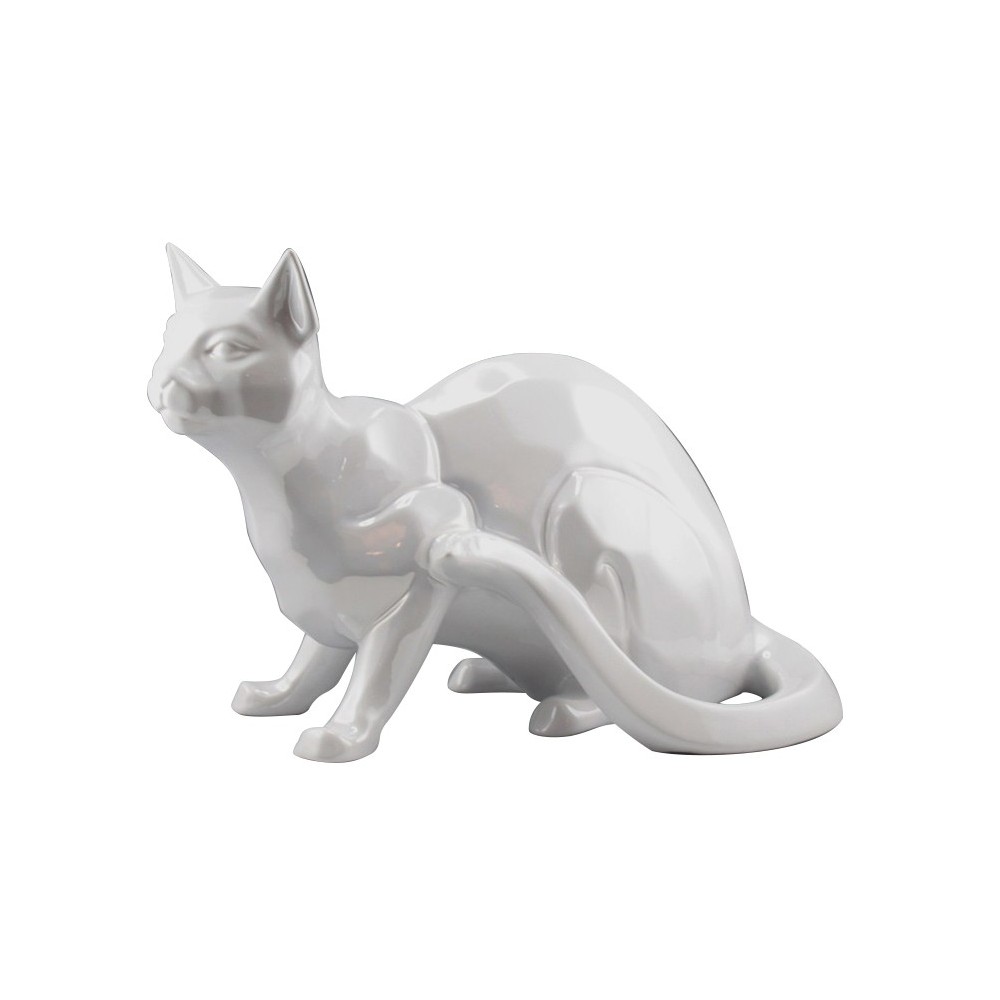 Gato decorativo branco em cerâmica DRIMMER — Perfil do gato sentado em cerâmica branca