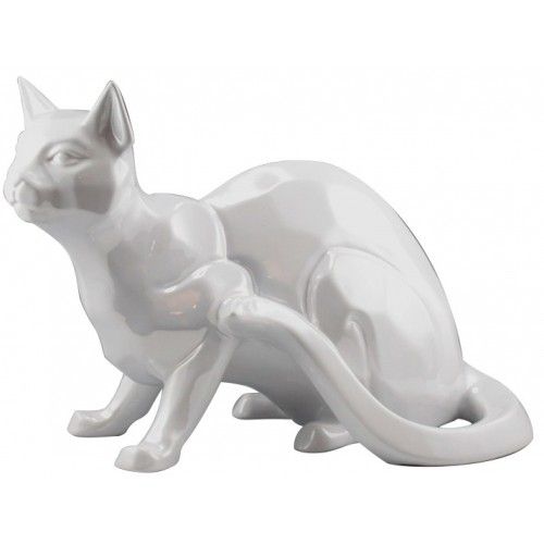 Gato decorativo branco em cerâmica DRIMMER — Perfil do gato sentado em cerâmica branca